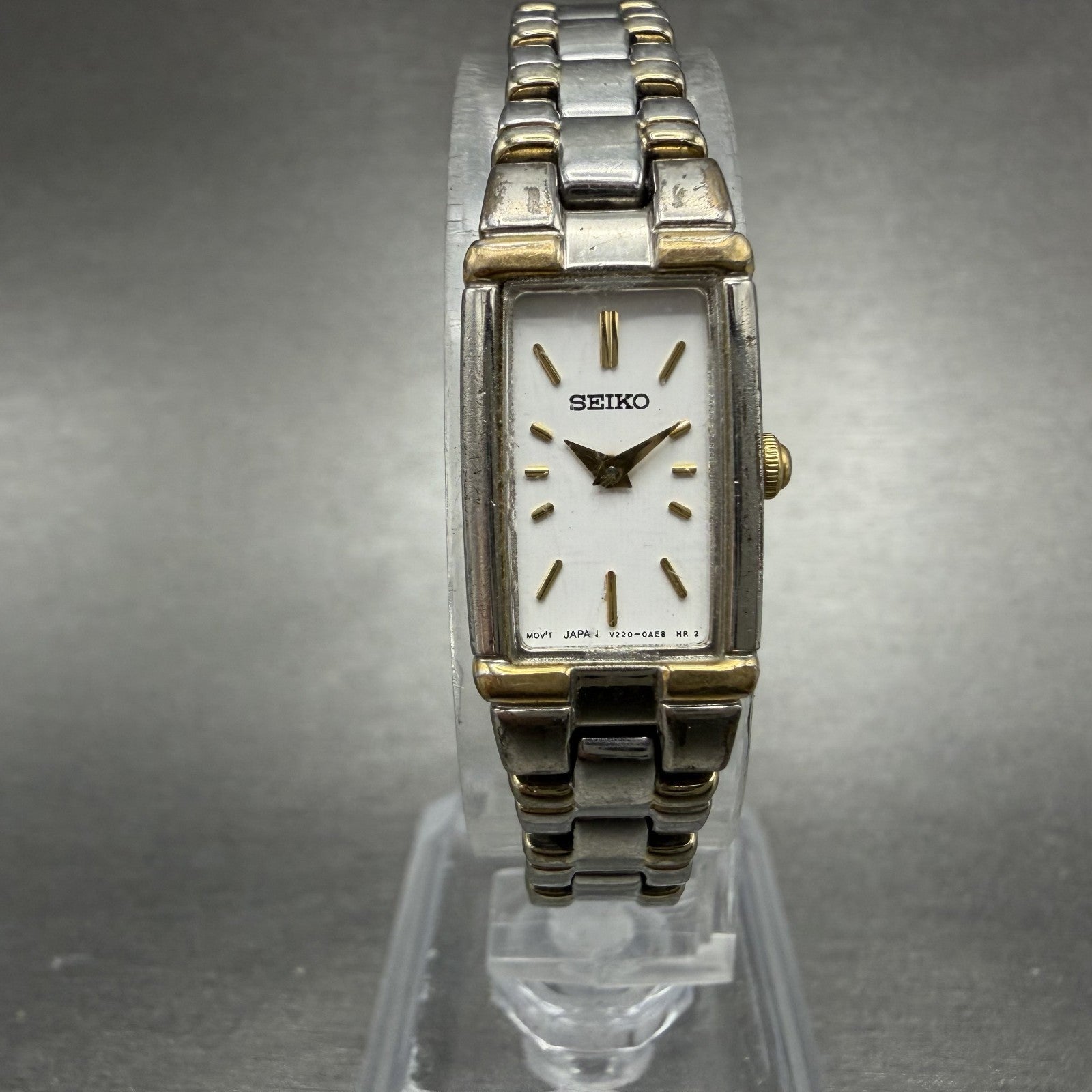 Seiko Tank Watch Women 13mm White Dial two Tone Rectangle V220-0ab0 New Batt OH70