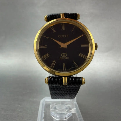 Gucci 2000M Watch Men 30mm Black Dial Gold Plated Leather Round New Battery VTG25