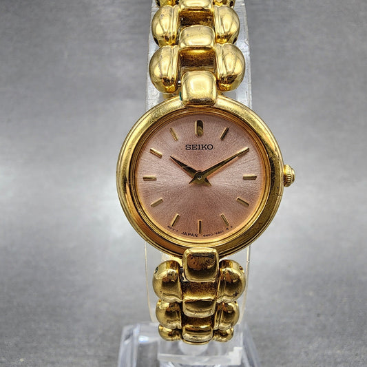 Seiko Watch Women 21mm Pink Dial Gold Tone Round 4n001279 New Battery0