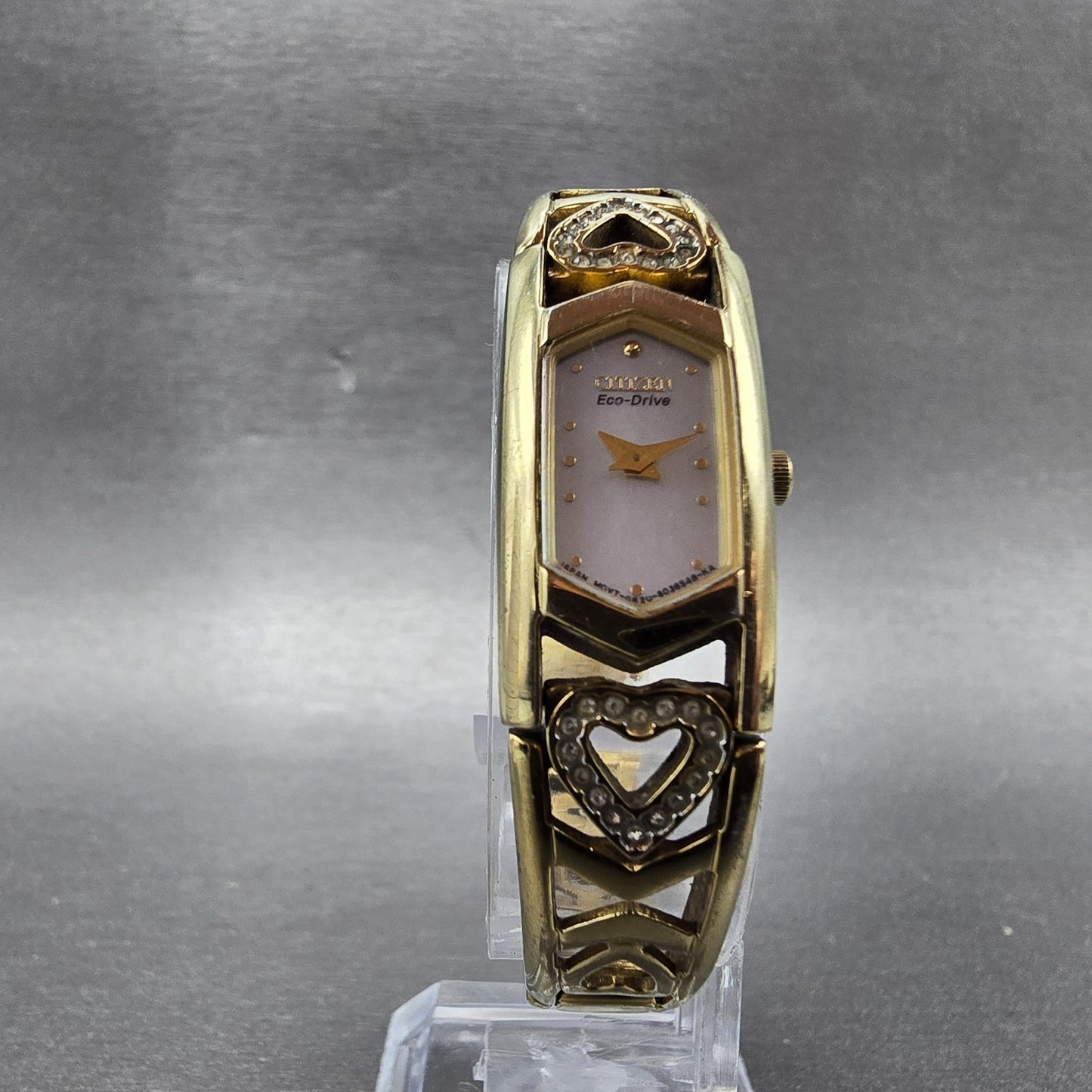 Citizen Eco-Drive Tank Heart Watch Women 15mm MOP Dial Gold Tone Rectangle Runs5
