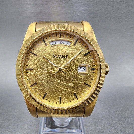 Stauer Watch Men 40mm Gold Foil Dial Gold Tone Daydate 24867 New Battery