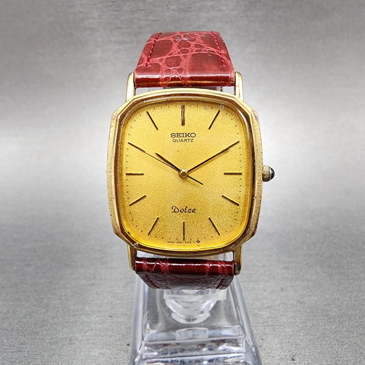 Seiko Dolce Watch Men 28mm Gold Dial Gold Tone Rectangle 95215120 New Battery0