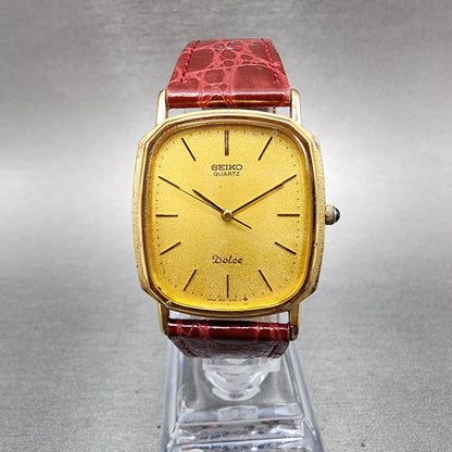 Seiko Dolce Watch Men 28mm Gold Dial Gold Tone Rectangle 95215120 New Battery0