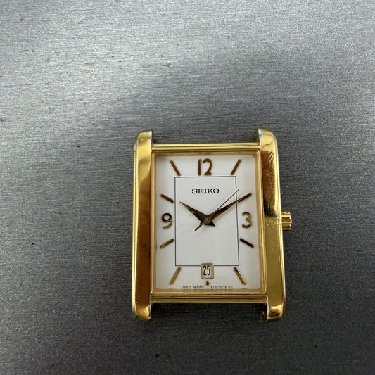 Seiko Tank Watch Men 28mm White Dial Gold Tone Rectangle Date V732-0449 PARTS0