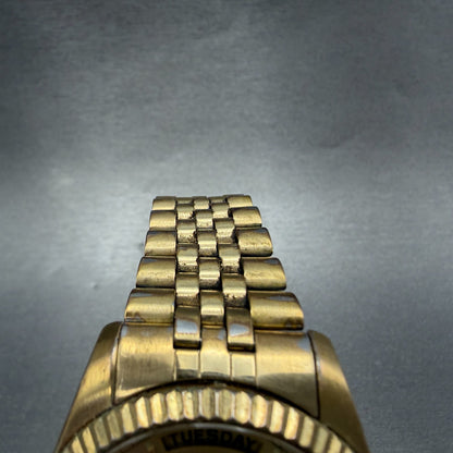 Elgin President Watch Men 38mm Gold Dial Gold Tone Daydate Round New Battery ABC4