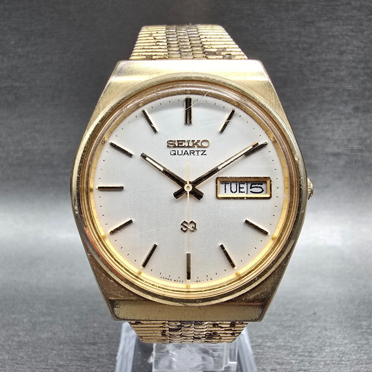 Seiko SQ Watch Men35mm Silver Dial Gold Daydate Round 8223-8029 New Battery JP40