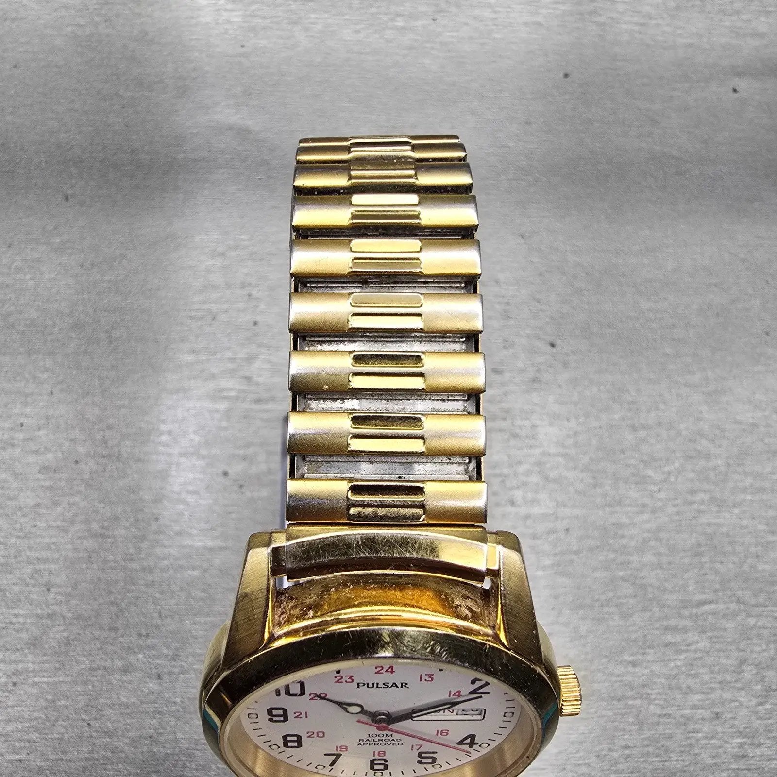 Pulsar Railroad Approved Watch Men 37mm White Dial Gold Tone Daydate New Battery4
