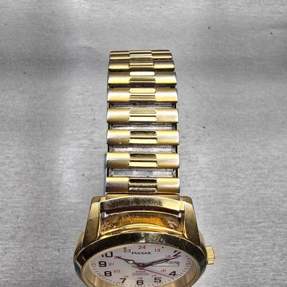 Pulsar Railroad Approved Watch Men 37mm White Dial Gold Tone Daydate New Battery4