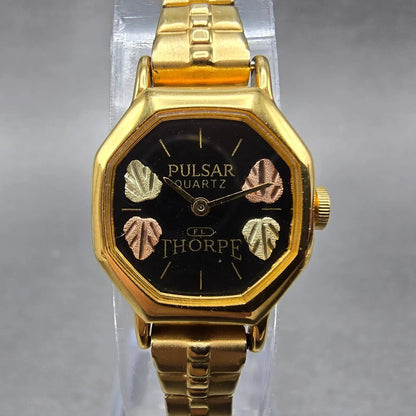 Pulsar Watch Women 17mm Black Dial Gold Tone Octagon V400-5310 Leafs New Battery0