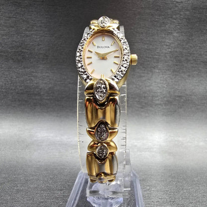 Bulova Watch Women 16mm White Dial Two Tone Gemmed Oval 98R34 New Battery5