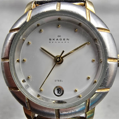 Skagen Watch Women 26mm White Dial Two Tone Date Round 3SGS New Battery FT121