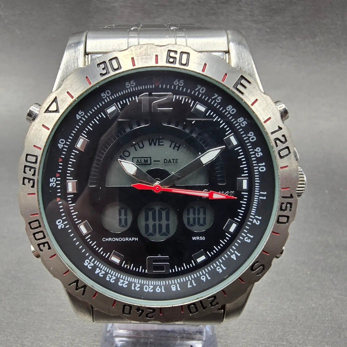 Stauer Compendium Watch Men 46mm Black Dial Silver Alarm Chrono 19093 New Batt0
