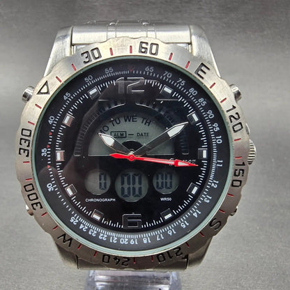 Stauer Compendium Watch Men 46mm Black Dial Silver Alarm Chrono 19093 New Batt0