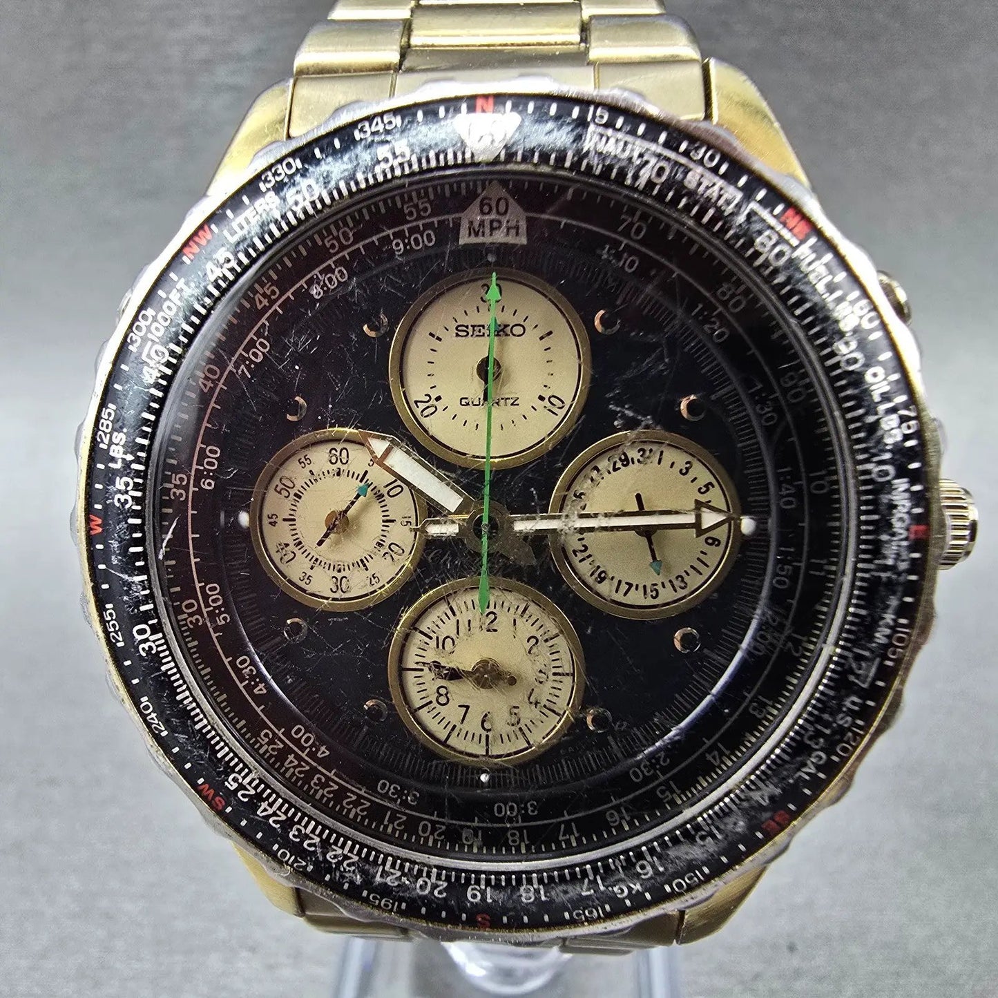 Seiko Flightmaster Chronograph Watch Men 40mm Black Dial Gold Tone READ!! NewBat1