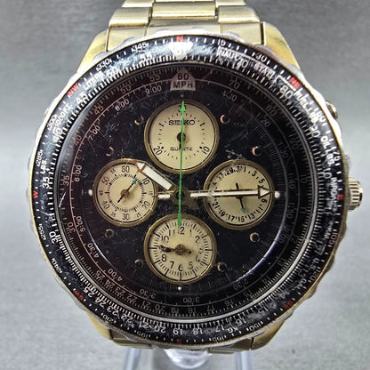 Seiko Flightmaster Chronograph Watch Men 40mm Black Dial Gold Tone READ!! NewBat1