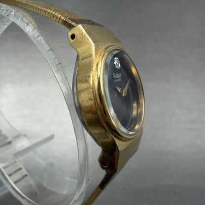 Pulsar Watch Women 18mm Black Dial Gold Tone Round Y590-0109 New Battery3