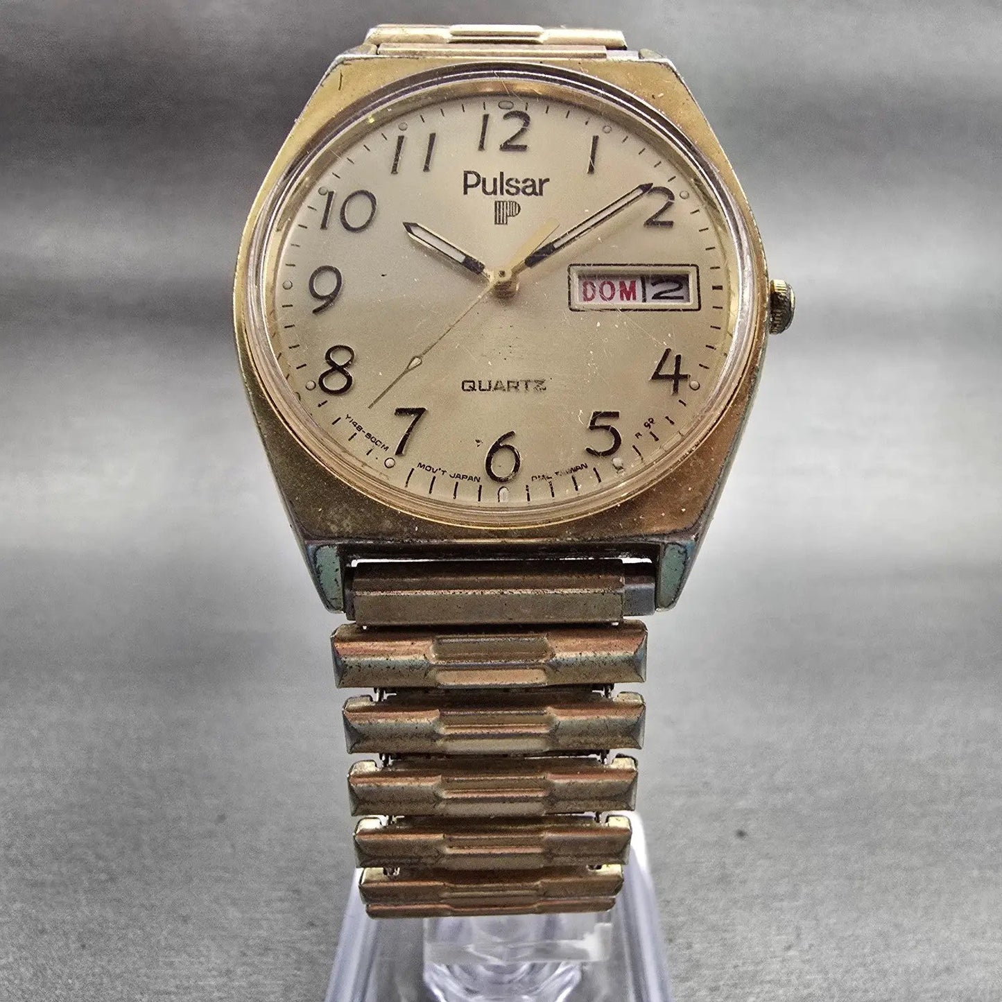 Seiko Pulsar Watch Men 34mm Champagne Dial Gold Tone Daydate Y148-8009 New Batt5
