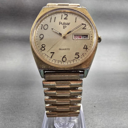 Seiko Pulsar Watch Men 34mm Champagne Dial Gold Tone Daydate Y148-8009 New Batt5