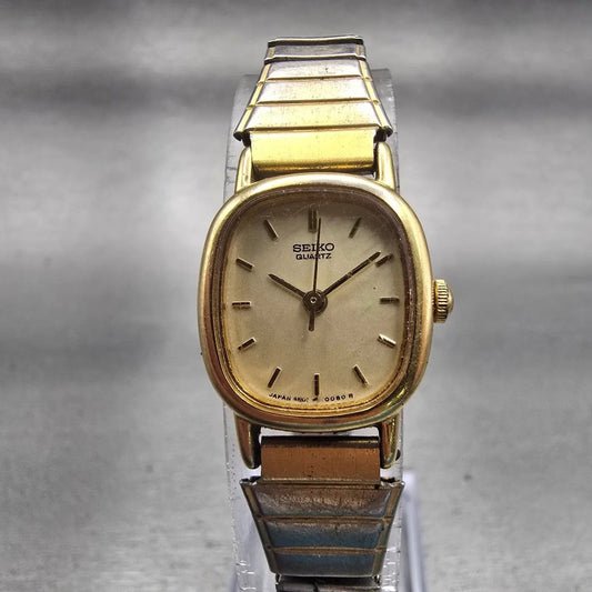 Seiko Watch Women 17mm Champagne Dial Gold Tone Oval 4N01-5019 New Battery VTG0