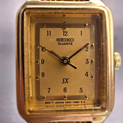 Seiko SX Watch Women 17mm Gold Dial Gold Tone Rectangle V401-5121 New Battery1
