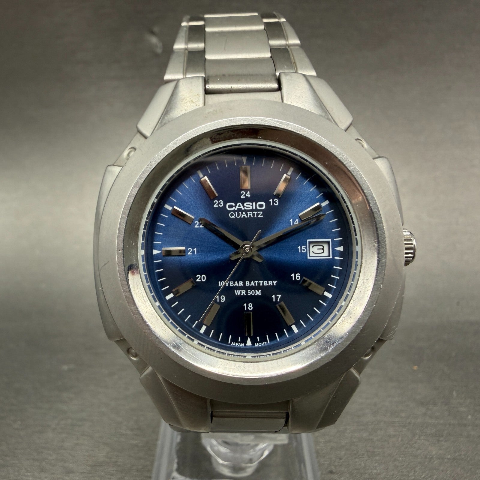 Casio MTP-3050 Watch Men 41mm Blue Dial Silver Tone Date Round New Battery ABC0