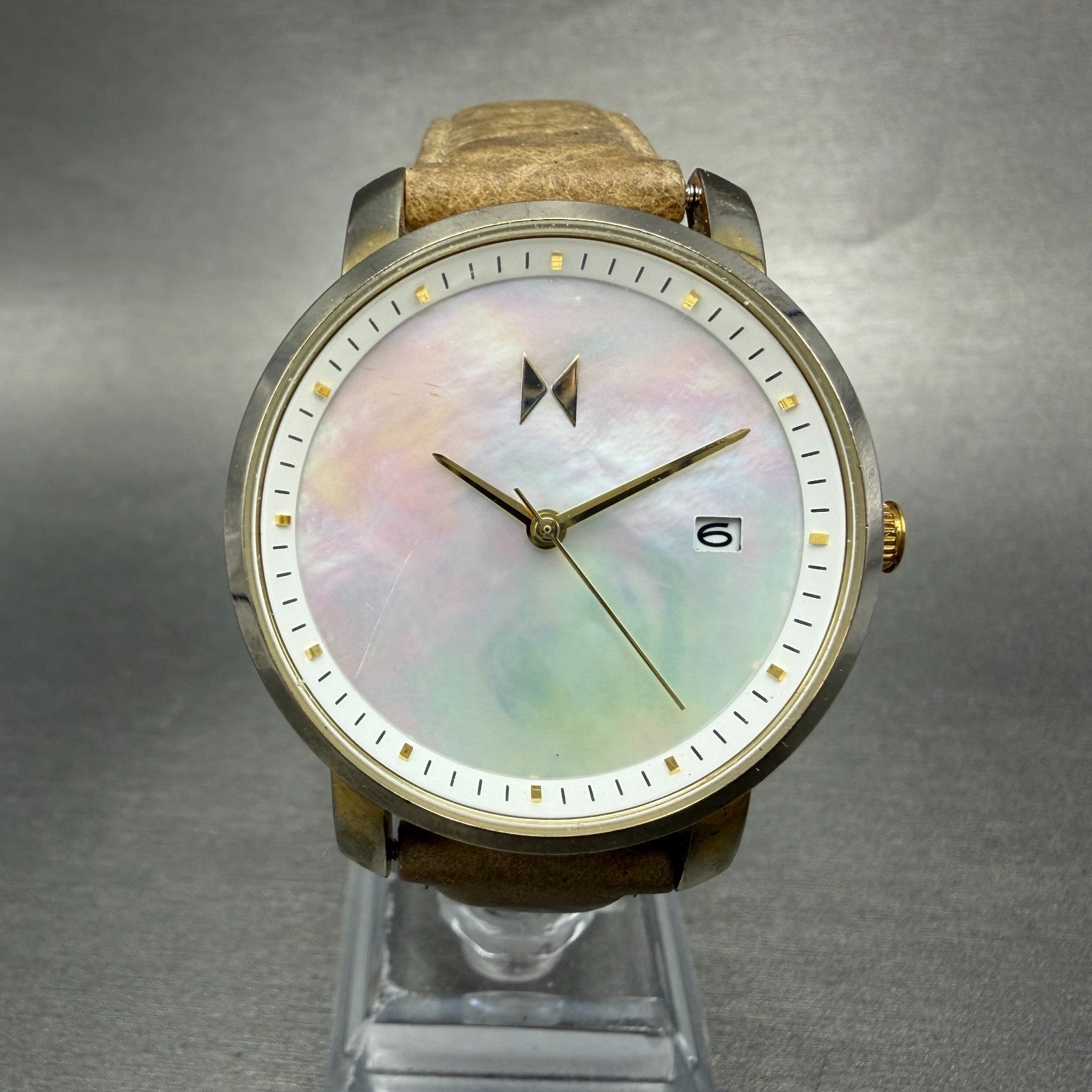 MVMT Boulevard Watch Women 38mm MOP Dial Gold Tone Date Leather New Battery0