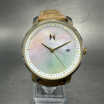 MVMT Boulevard Watch Women 38mm MOP Dial Gold Tone Date Leather New Battery0