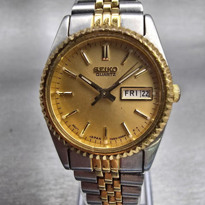 Seiko Watch Women 24mm Gold Dial Two Tone Daydate Round 7N83-0041 New Battery0