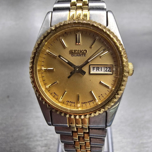 Seiko Watch Women 24mm Gold Dial Two Tone Daydate Round 7N83-0041 New Battery0