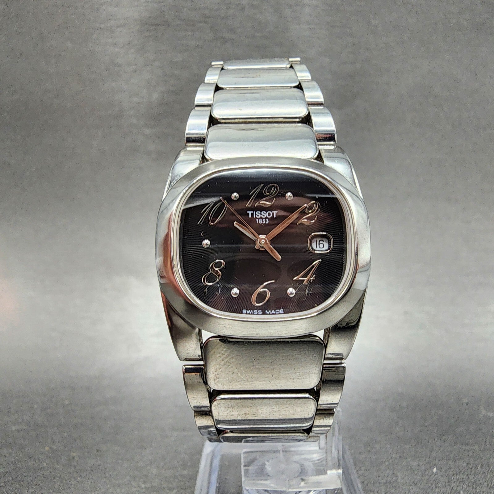 Tissot T moments Watch Women 28mm Black Dial Steel Date Rectangle New Battery5