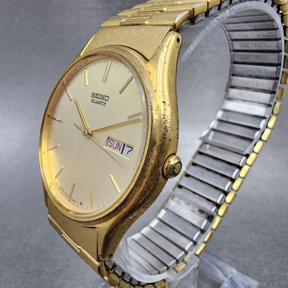 Seiko Watch Men 38mm Champagne Dial Gold Tone Round Daydate 5y23-8039 NewBattery