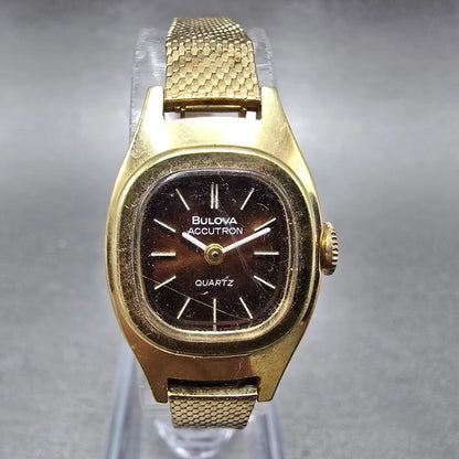 Bulova Accutron Watch Women 18mm Brown Dial Gold Tone Rectangle Mesh band PARTS0
