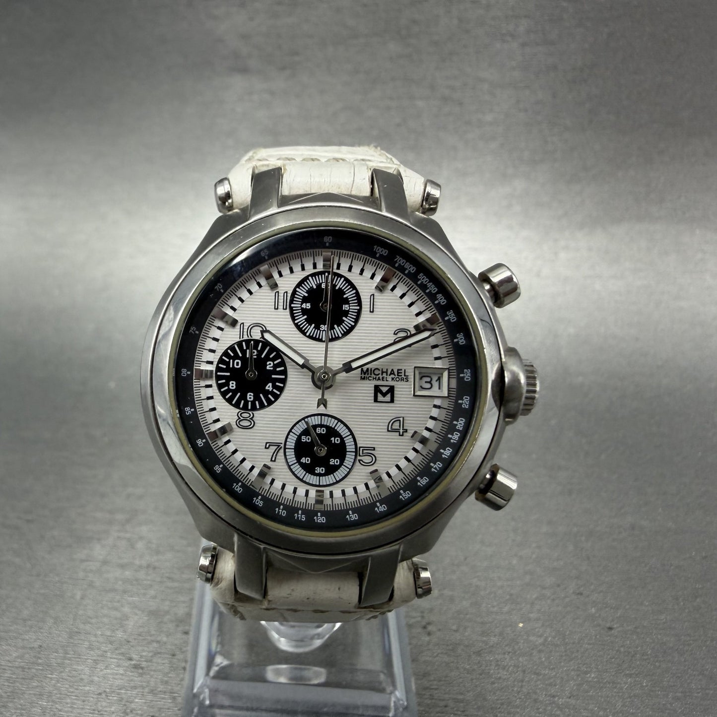 Michael Kors Chronograph Watch Women 36mm White Dial Silver Tone date New BattAB0