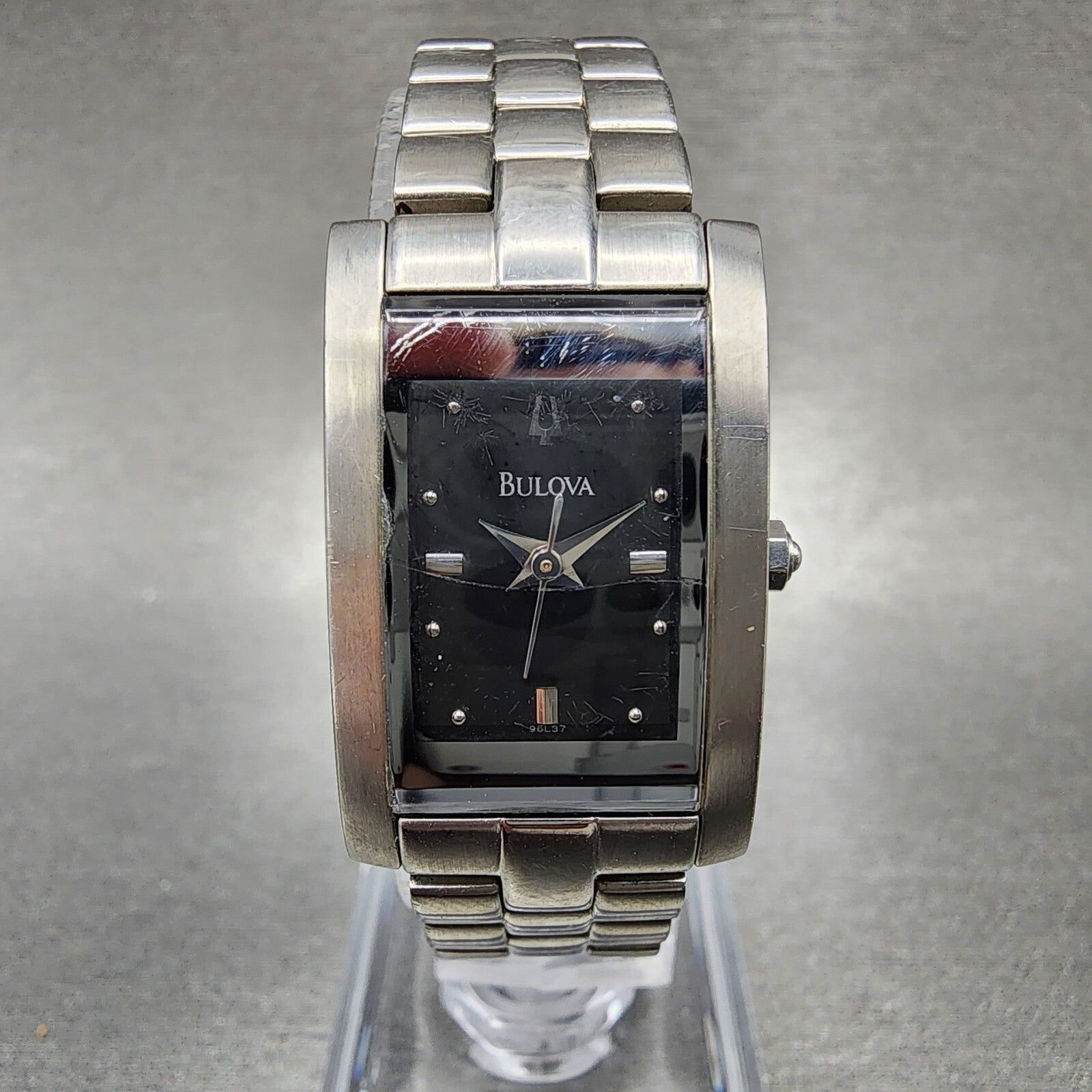 Bulova Tank Watch Women 18mm Black Dial Stainless Steel Rectangle New Battery0