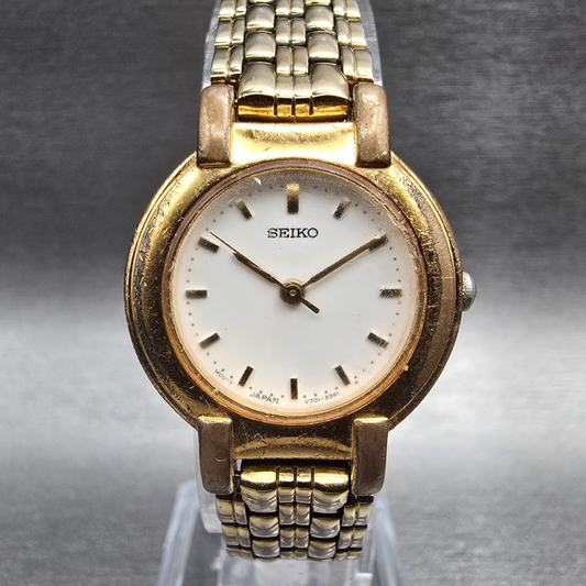 Seiko Watch Women 24mm White Dial Gold Tone Round V701-1781 New Battery VintageL0