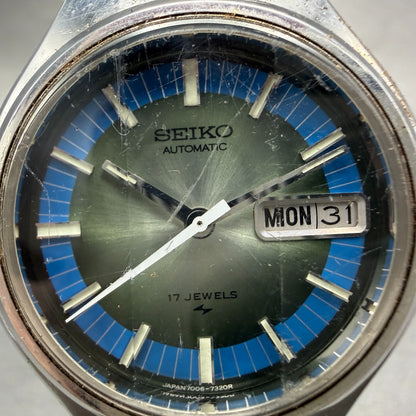 Seiko Automatic Watch Men 38mm Green & Blue Dial Steel Daydate 7006-7209 Runs1