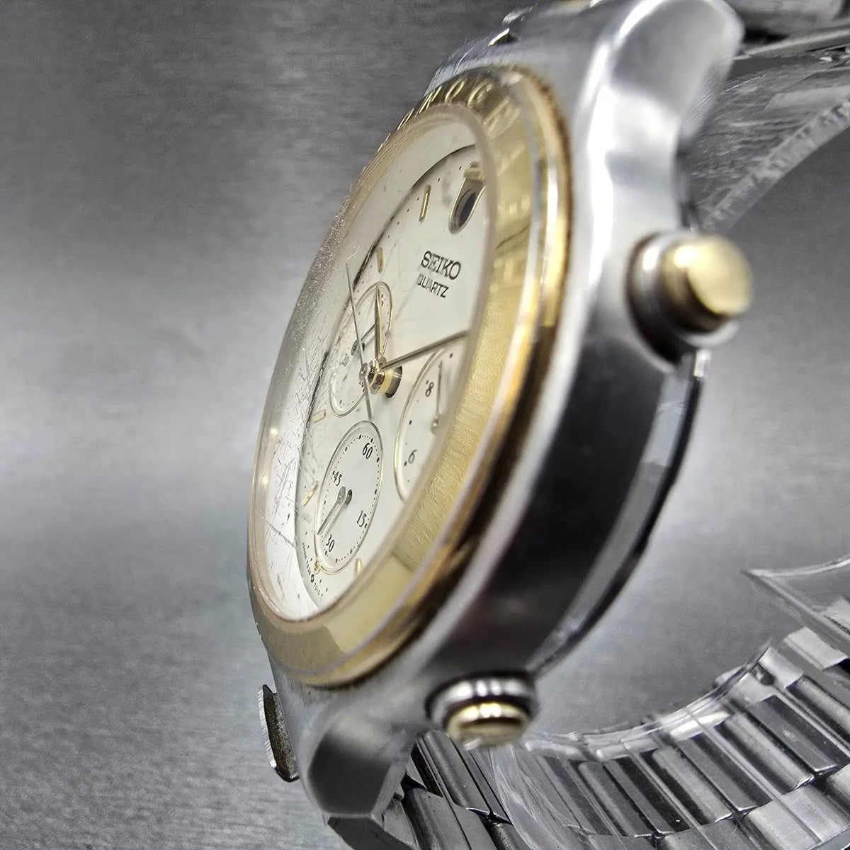 Seiko Chronograph Watch Men 37mm Cream Dial Two Tone Date READ!!!! 7A34-70192