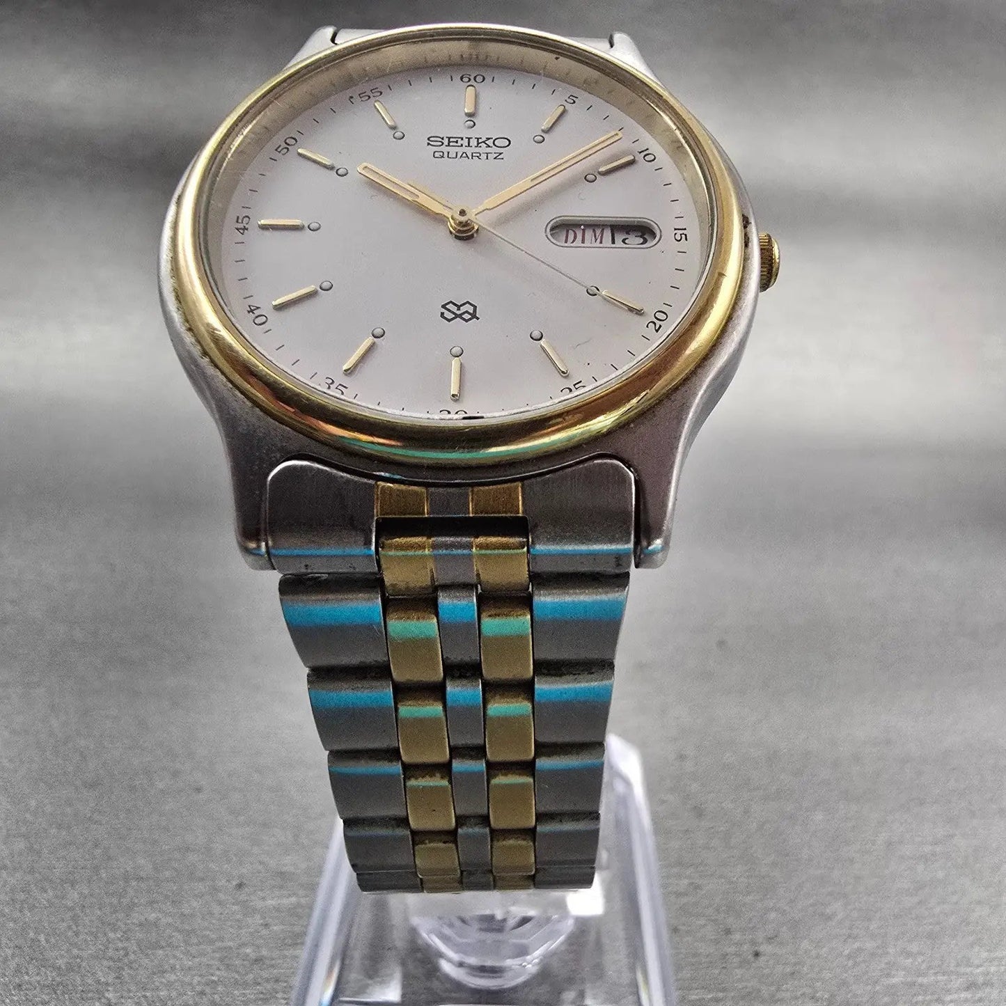 Seiko SQ Watch Men 34mm White Dial Two Tone Daydate 5Y23-7050 New Battery VTG5