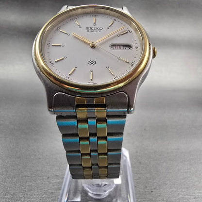 Seiko SQ Watch Men 34mm White Dial Two Tone Daydate 5Y23-7050 New Battery VTG5