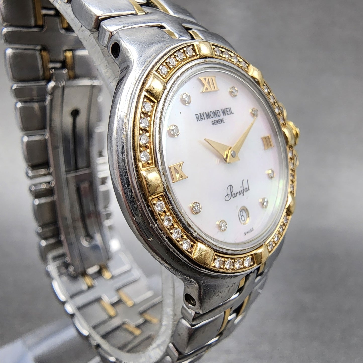 Raymond Weil Parsifal Watch Women 27mm MOP Dial Steel Diamond Bezel Date Newbatt3