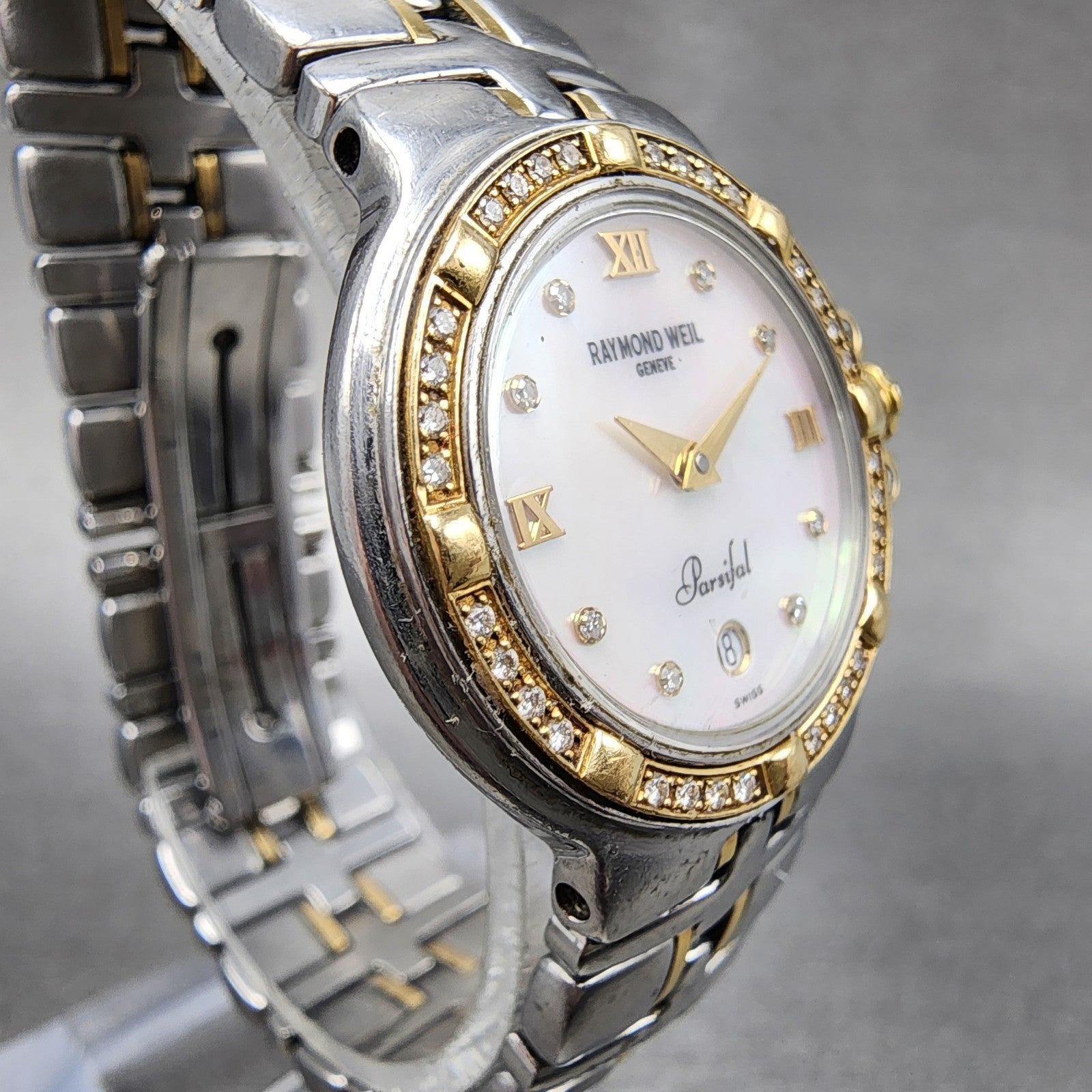 Raymond Weil Parsifal Watch Women 27mm MOP Dial Steel Diamond Bezel Date Newbatt3