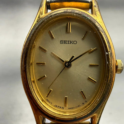 Seiko Watch Women 20mm Champagne Dial Gold Tone Oval 4N01-5060 New Battery VTG1