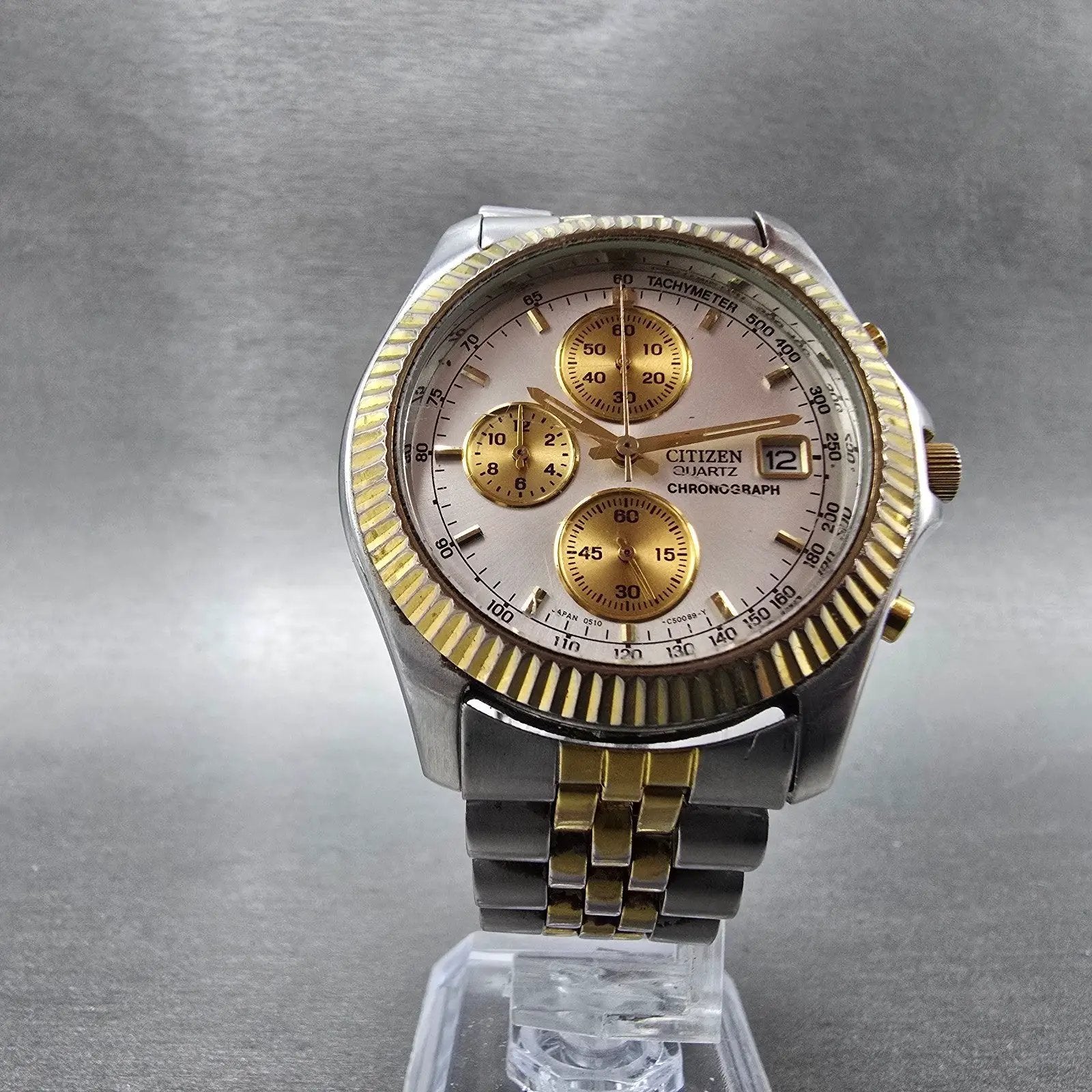Citizen Chronograph Watch Men 38mm Silver Dial Two Tone Date 0510-C50031 New Bat6