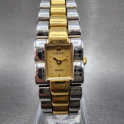 Seiko Creo Tank Watch Women 15mm Champagne Dial Two Tone 1e206250 New Battery0