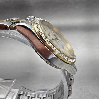 Seiko Solar Watch Women 28mm MOP Dial Two Tone Date Gemmed Round V137-0AA0 Works3