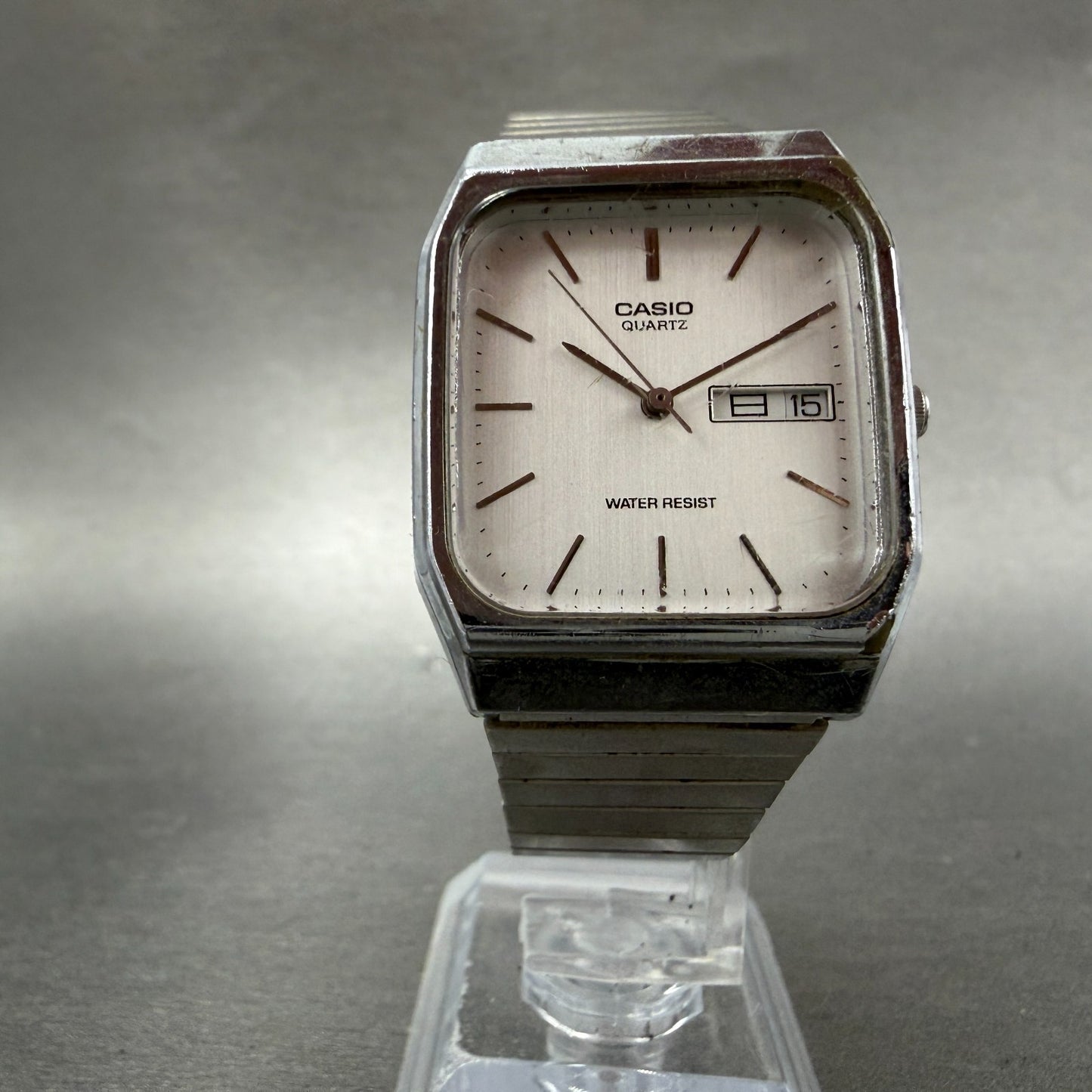 Casio MQ-518 Watch Men 30mm Silver Dial Silver Tone Rectangle Daydate New Batt5