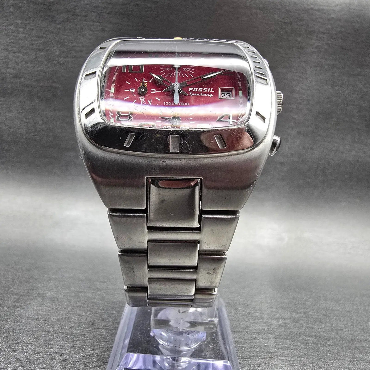 Fossil Speedway Chronograph Watch Men 40mm Red Dial Silver Date CH2326 New Batt5