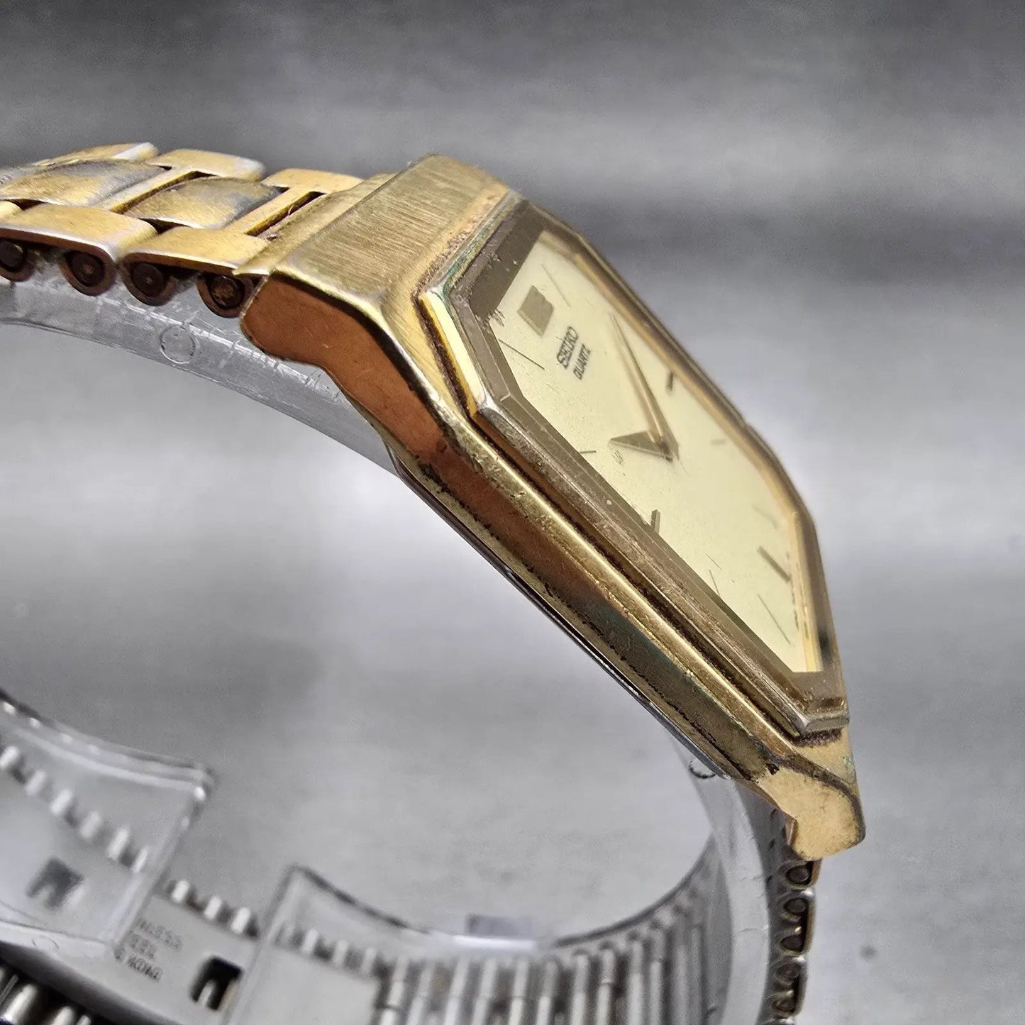 Seiko Watch Men 26mm Cream Dial Gold Tone Rectangle 7430-5409 New Battery VTG3
