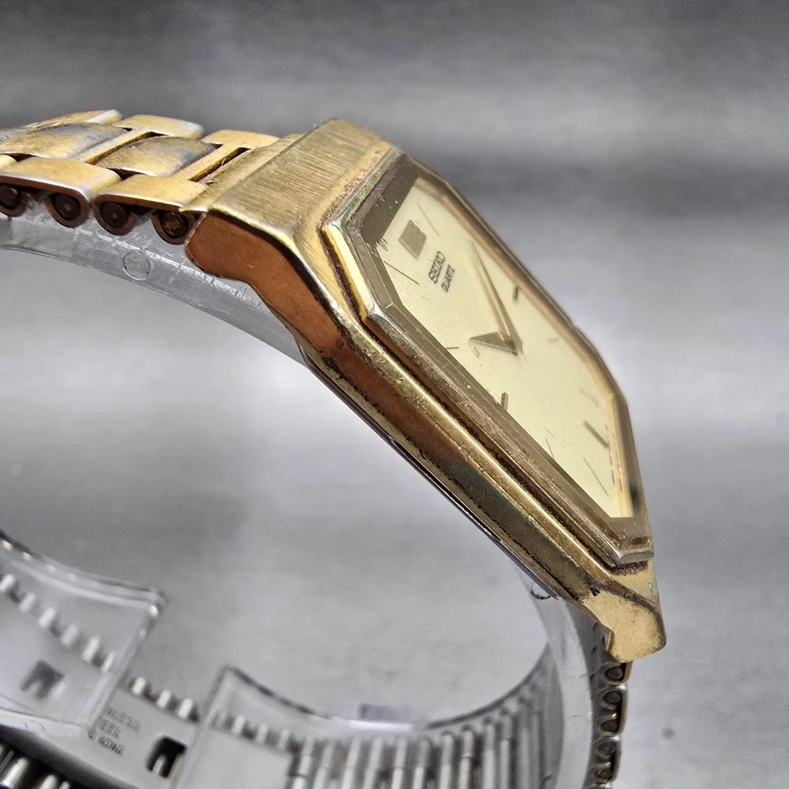 Seiko Watch Men 26mm Cream Dial Gold Tone Rectangle 7430-5409 New Battery VTG3