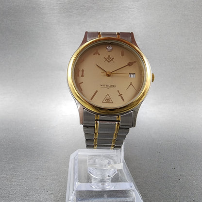 Wittnauer Masonic Watch Men 33mm Champagne Dial Two Tone Date Round New Battery5